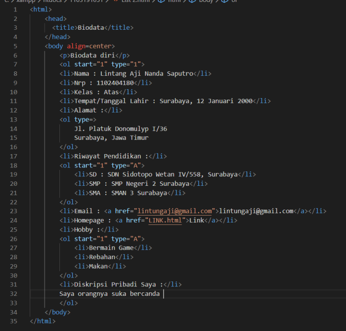 Contoh Coding Html Website Biodata